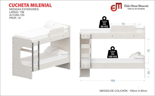 Imagen 3 de 4 de Cama Cucheta Milenial Superpuesta Marinera Doble Kromo-s