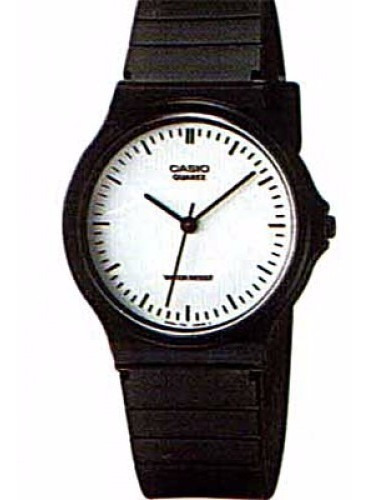 Reloj pulsera Casio Collection MQ-24 de cuerpo color negro, analógico, fondo blanco, con correa de resina color negro, agujas color negro, dial negro, minutero/segundero negro, bisel color negro y hebilla simple