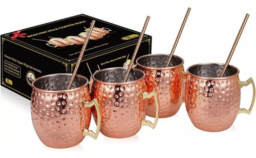 . 4 Tazas De Cobre Martilladas Moscú Con 4 Pajitas De Cobre