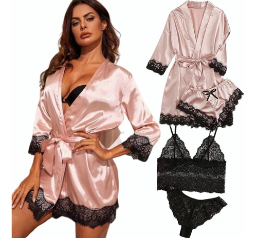 Pijama De Encaje Sexy De Satén Para Mujer Conjunto De 4 Pcs