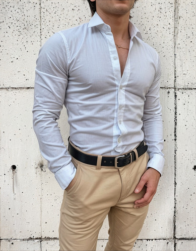 Camisa De Vestir Hombre Elastizada Manga Larga Entallada
