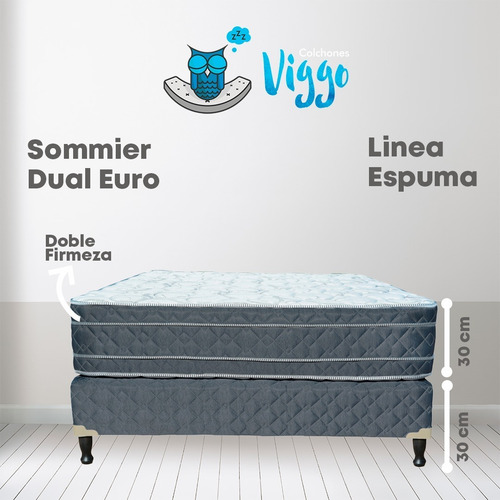 Conjunto Sommier Espuma Dual Euro 140x190 Almohadas Sábanas Color Blanco con base gris