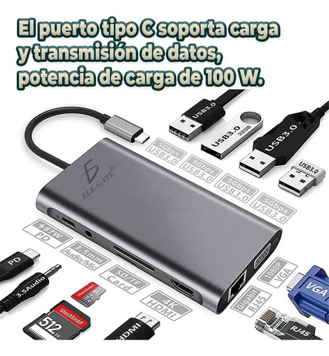 Hub Adaptador 11 En 1 Tipo C Hdmi Vga Ethernet