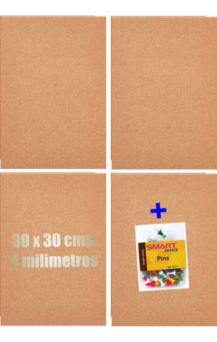 Hoja Corcho 4 Milímetros 30 X 30 Cms. 4 Hojas + Pins