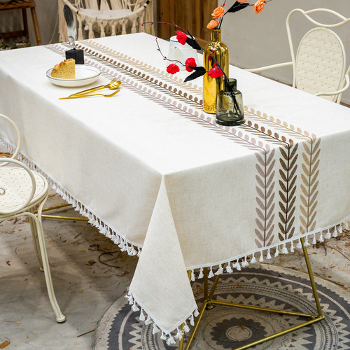 Rectangular Mantel De Mesa Lino De Algodón 140x240cm , Diseño de Hojas Bordadas a Mano