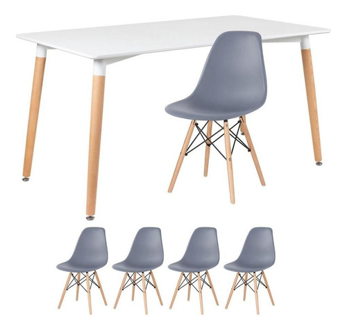 Conjunto Jantar Eames Mesa 140 X80  Cm 4 Lugares Cadeiras Cor Mesa branco com cadeiras cinza escuro