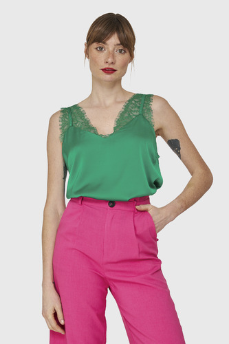 Blusa Satín Encaje Tirante Ancho Verde Nicopoly