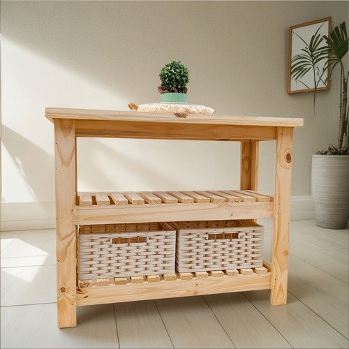 Mesa Auxiliar / Quesera 100x80x40 Pino Natural + 2 Canastos Blancos