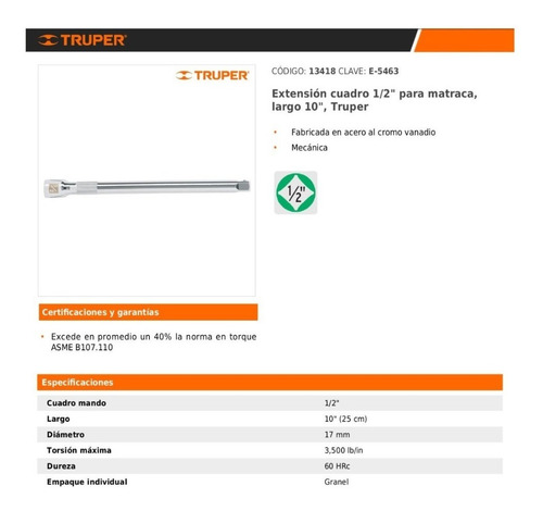 Extensión 10'' 25cm Matraca Dado Cuadro 1/2'' Truper 13418