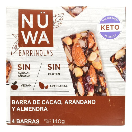 Barra proteica Nuwa Keto sin TACC sabor cacao, arándano y almendra 35 g pack x 4