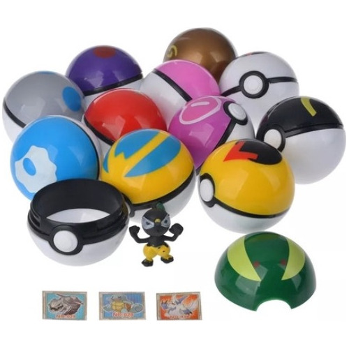 12 Bolas Pokemon + 12 Pokemones+ Caja + Adhesivos+ Tazo 3d