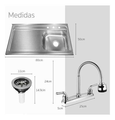 Kit Tarja Para Cocina Escurridor Izquierdo 80x50 Sobreponer Color Plateado
