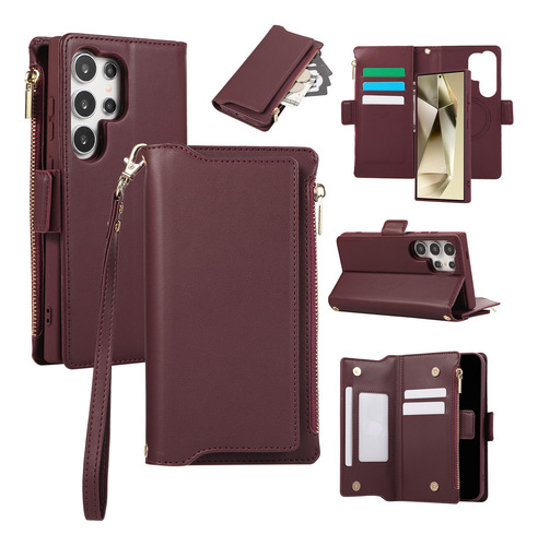 Funda Tipo Cartera Con Cierre Para Samsung Galaxy S23 Fe S24 S22 S21 S20, De Lujo, Multifunción, 6 Tarjetas, Piel Con Cordón Shou