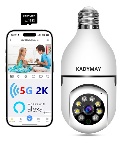 Cámara Seguridad Con Bombilla Kadymay 2k, Tarjeta Sd 128 Gb,