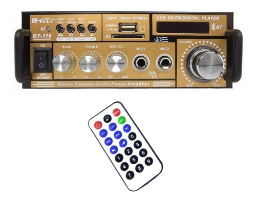 Mini Amplificador Som Audio Bluetooth Usb Mp3 Fm Karaoke Cor Dourado