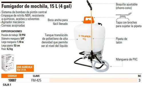 Fumigador Mochila 4 Gal. Bronce Truper 10887