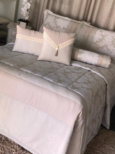 Imagem 4 de 5 de Cobre Leito Colcha Queen Tecido Jacquard Bege Modelo Safira 06 Peças