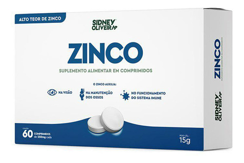 Zinco Quelato 60 Compr. Alto Teor 250 Mg Cada Sistema Imune Sabor Sem sabor