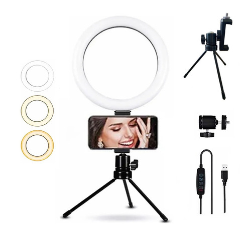 Ring Light 6 Polegadas De Mesa Com Suporte De Celular Cor da estrutura Preto Cor da luz BRANCO-QUENTE BRANCO-FRIO BRANCO 110V/220V