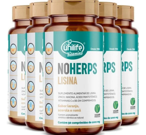 Kit 5 Noherps Lisina 1000mg 90 Capsulas Suplemento - Unilife