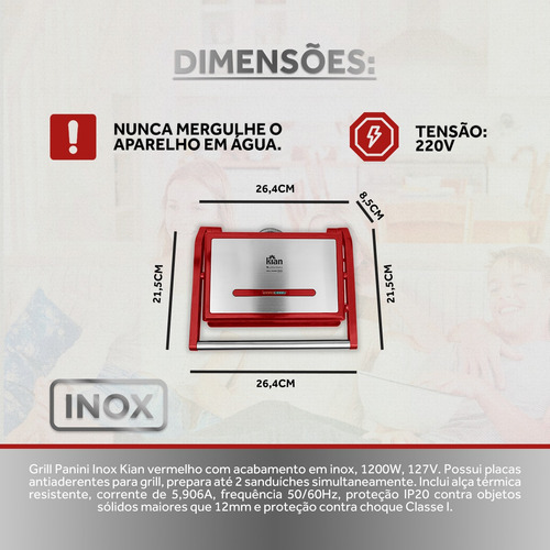 Grill Elétrico Multiuso Inox 220v 1200w Vermelho - Kian