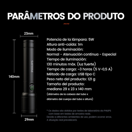 Philips Linterna Tactica Linternas Potentes Led Recargable Impermeable 300lm 5w Brillo Fuerte Alcance Luz Blancasúper Largo Esencial Para La Pesca Al Aire Libre Negro Aleación De Aluminio Sfl-2124