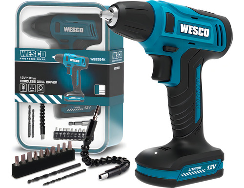 Furadeira Parafusadeira Sem Fio De 10mm 3/8 Wesco Ws2554k 12v + Acessórios 110v/220v