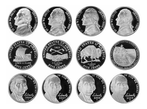 2000 A 2009 S (12) Monedas Jefferson Nickel 5c Centavo Proof