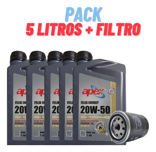 Aceite 20w50 Semi Sintetico Apex Pack 5lts + Filtro