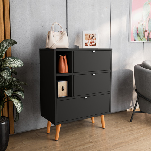 Buffet Aparador 3 Portas Basculante Retro Preto Pés De PVC 85cm X 65cm X 33cm Jm3 Móveis