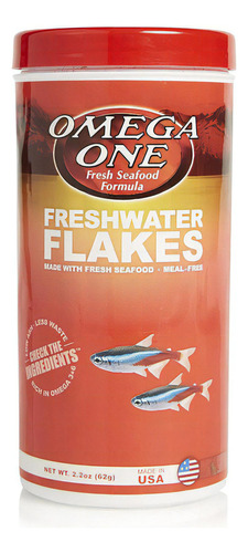 Omega One Freshwater Flakes 62g Alimento para Peces Tropicales en Hojuelas a Base de Salmon y Arenque Rico en Omega 3 y 6 Colores Vivos