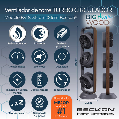 Ventilador De Torre Turbo Circulador 100cm De Alto Beckon Con 3 Motores Big Flow Y Acabado Tipo Madera +control Remoto +oscilación +temporizador +modos De Uso