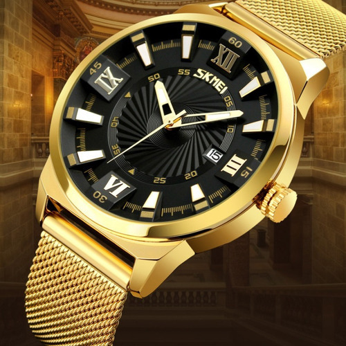 Reloj Analógico Skmei Quartz Calendar Para Hombre Color De La Correa Dorado Color Del Fondo Azul