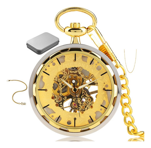 Reloj De Bolsillo A Cuerda Sin Tapa Trasparente Dorado 3144