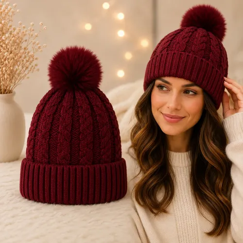 Touca Gorro Feminina Adulta Inverno Frio Com Forro Pompom Vinho Un