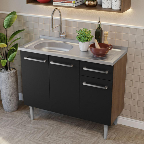 Armário De Cozinha Compacta 105cm Com Pia Emilly Madesa 04 Cor Rustic/preto