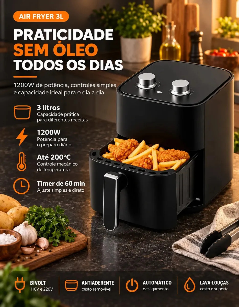 Fritadeira Air Fryer 3,4L Sem Óleo 1200W Antiaderente Elétrica Compacta e Prática para Cozinha Temperatura Ajustável Viacruz