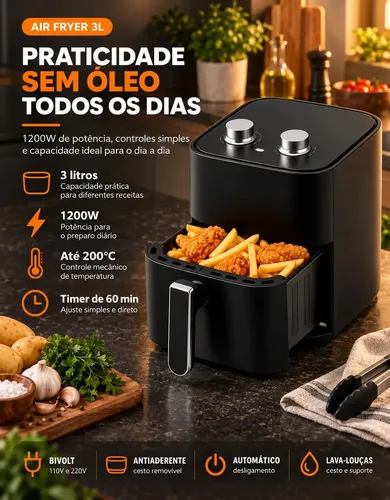 Fritadeira Air Fryer 3,4L Sem Óleo 1200W Antiaderente Elétrica Compacta e Prática para Cozinha Temperatura Ajustável Viacruz