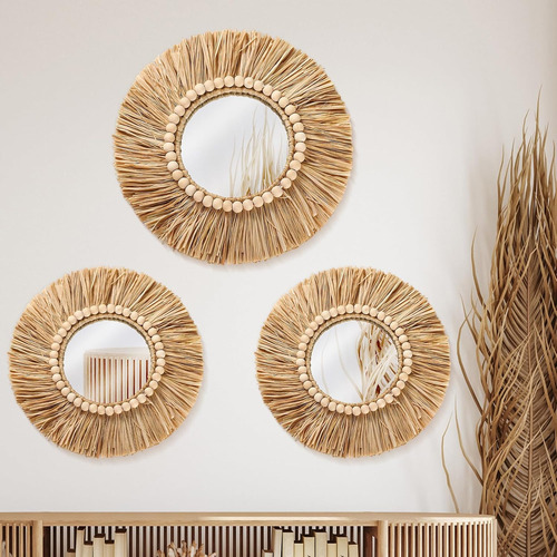 3 Piezas Decorativas Colgantes De Pared Con Espejo Boho Y Mi