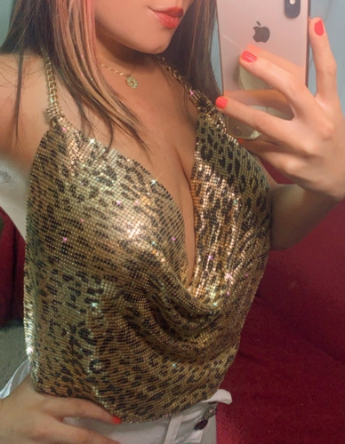 Cropped Blusa Brilhosa De Manta Luxo Com Decote Profundo