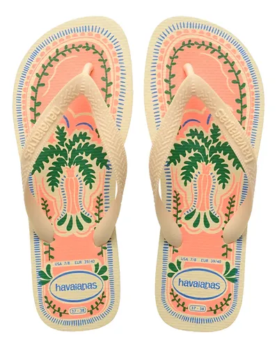 Par de chinelos Havaianas Top Summer Vibes na cor pêssego com estampa de palmeiras e tiras bege
