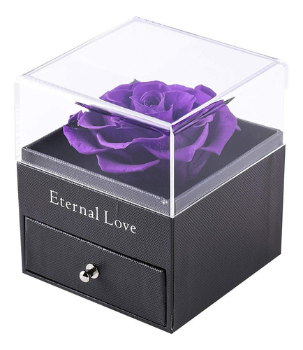 Rosa Real Eterna Y Collar Con Dije, Caja De Acrilico Color Morado