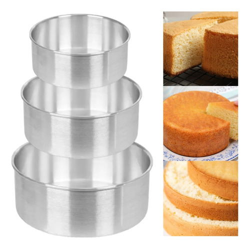 Set 3 Moldes Altos Rectos Aluminio Hornear Pastel 18,20,22cm Plateado