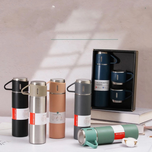 Set Termo Acero Inoxidable Con 3 Tazas Premiun Con Caja Negro
