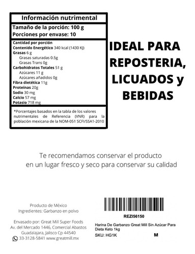 Imagen 3 de 3 de Harina De Garbanzo Great Mill Sin Azúcar Para Dieta Keto 1kg
