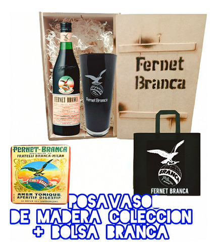 Fernet Branca 750ml + Vaso Gigante En Caja De Madera 