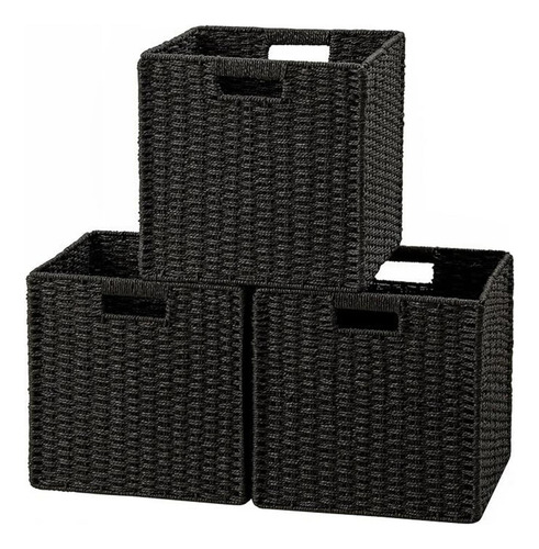 Cesta De Almacenamiento Tejida Plegable, Negro 2 Piezas