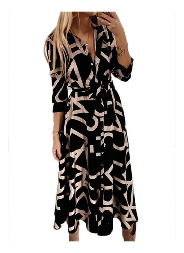 Long Suelto Printed Dress With Buttons De Dama Elegante