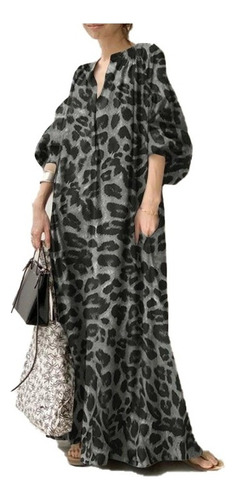 Bohemio Vestido Dama Estampado Leopardo Mangas Acampanadas