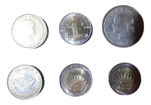 6 Monedas Conmemorativas, 3 De Evita + 2 De 1 Peso + 1 De 2